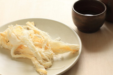 japanese snack food, dried squid and Sake