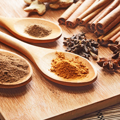 Herbs and Spices over wooden background