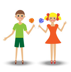 merry  girl and boy  with lollipop