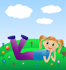 merry girl lie on green lawn