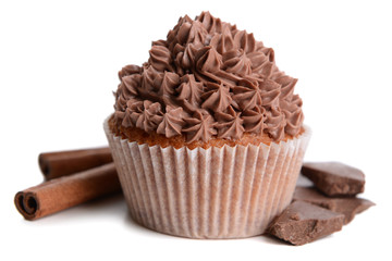 Tasty cupcake with butter cream, isolated on white
