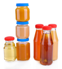 Baby food in glass jars, isolated on white