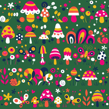 mushrooms snails butterflies pattern