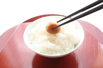 Japanese food, salted plum on steamed pearl rice