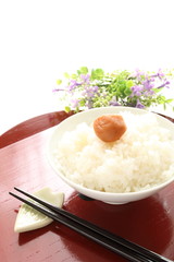 Japanese food, salted plum on steamed pearl rice