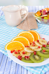 Sweet fresh fruits on plate on table close-up