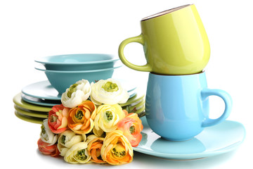 Clean colorful tableware isolated on white
