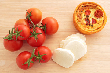 Vine tomatoes, mozzarella, and a tomato and mozzarella tartlet