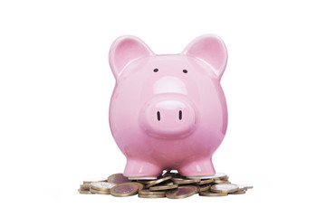 Piggybank with savings, isolated on white background