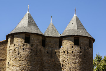 Outside walls of Porte Narbonnaise at Carcassonne in France
