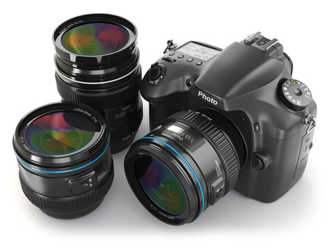 Digital slr camera with lens. Photography equipment.
