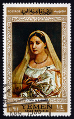 Postage stamp Yemen 1968 Woman with a Veil, by Raphael