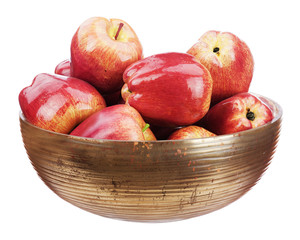 Red apples in bowl isolated on white background.