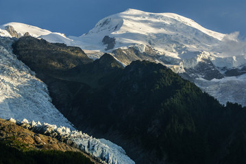 Panoramic view of Mont Blanc Massif. Bossons Glacier in the Fren