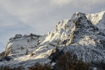 Snowy mountains and rocks at Gourette in the Pyrenees, France