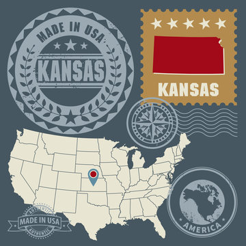 Abstract post stamps set with name and map of Kansas, USA