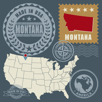 Abstract post stamps set with name and map of Montana, USA