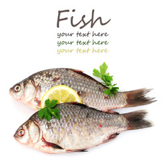Fresh fishes with lemon and parsley isolated on white