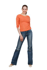 Happy woman in t-shirt and blue jeans