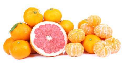 Ripe sweet tangerines and grapefruit, isolated on white
