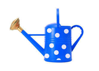 blue polka dot watering can isolated on white