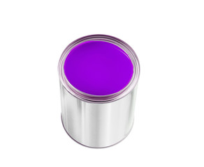 open tin can with violet paint isolated on white