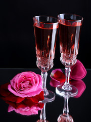 Composition with pink  wine in glasses and  roses