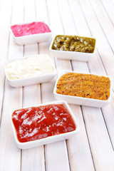 Various sauces on table close-up