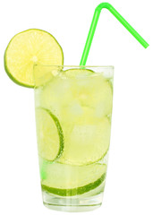 Mojito cocktail with green lime and drinking straw in highball g