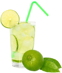 Mojito cocktail with green lime and drinking straw in highball g
