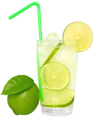 Mojito cocktail with green lime and drinking straw in highball g