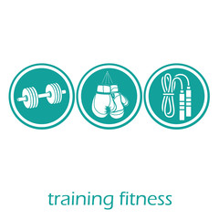 three blue round icons with white silhouettes related to fitness