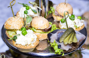 canape with meat vegetables and seafood