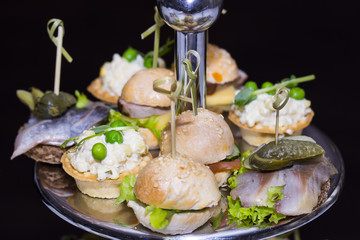 canape with meat vegetables and seafood