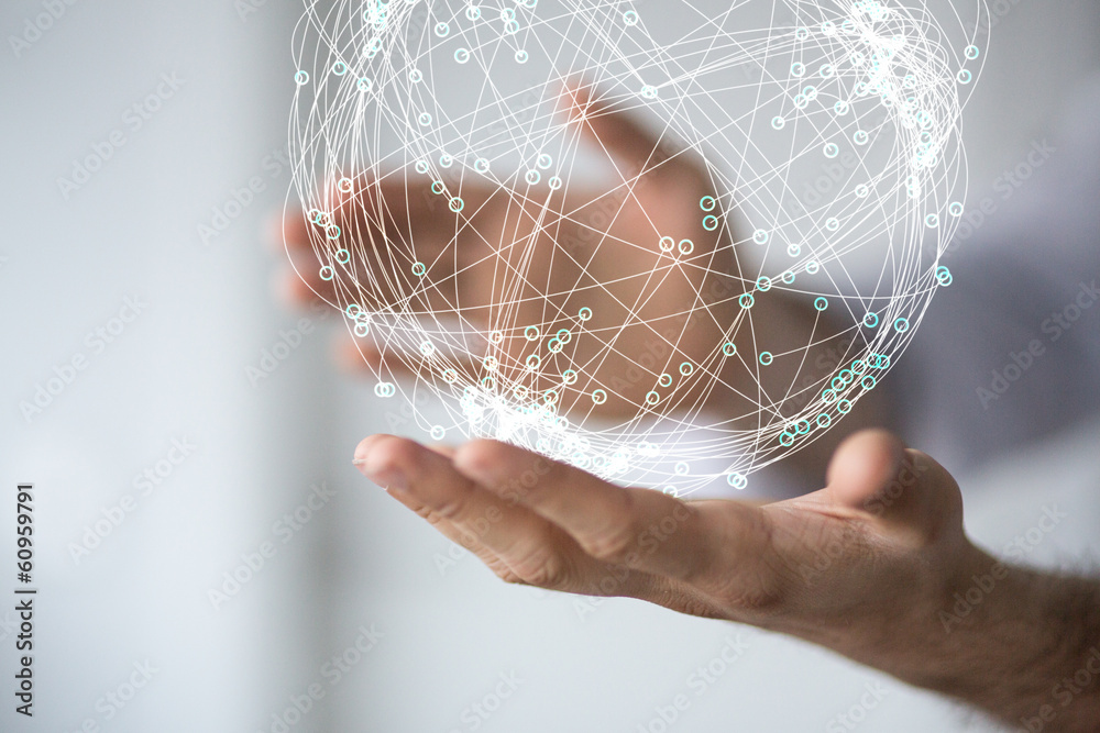 Poster network holding in hand 3d connection data