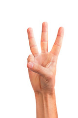 Three fingers being held in the air by a male hand