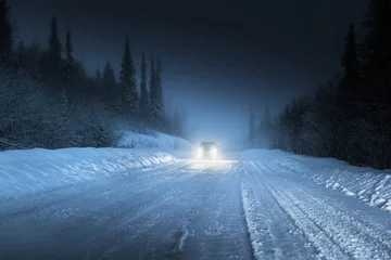 Deurstickers Car lights in winter Russian forest © Iakov Kalinin