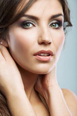 Obraz premium Woman face with long curly hair on white background isolated clo