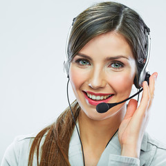 Portrait of woman customer service worker, call center smiling