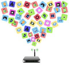 colorful application icons with  wireless router