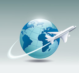 Fototapeta premium Airplane circling the globe and flying out