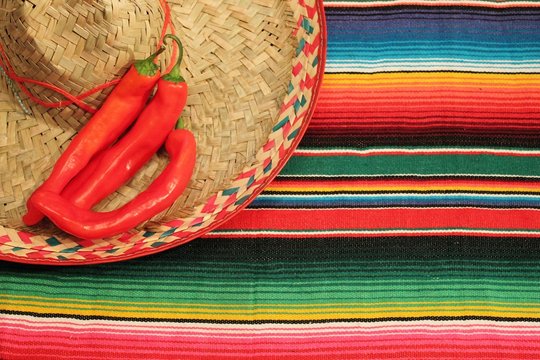 Mexican poncho  fiesta blanket rug colors with sombrero Mexico stock photo cinco de mayo chilli chilil backdrop picture image 