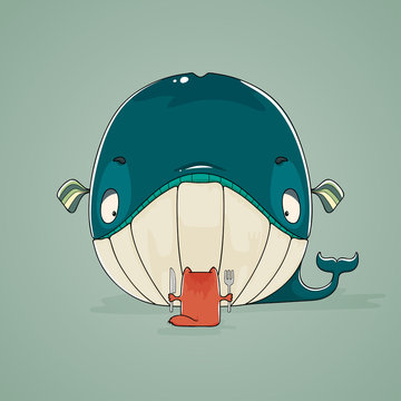 Little cat sitting down to dine on a huge whale