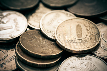 Pile of russian coins. Color toned image.