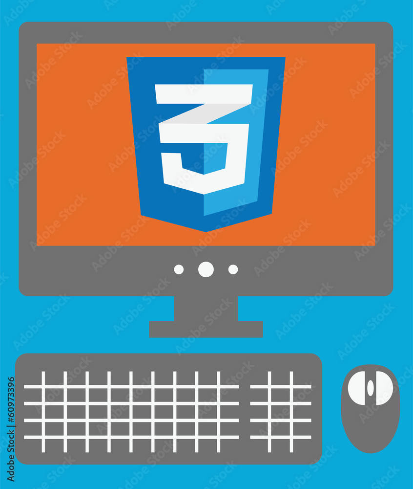 Poster vector icon of personal computer with css3 sign on the screen, i