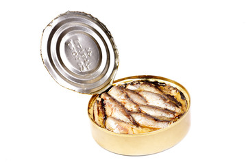 open a tin of sprats isolated on a white background