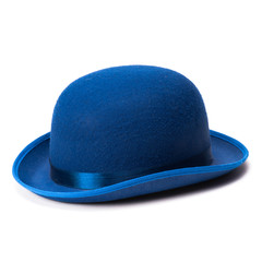 a blue bowler hat on a white background