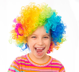 little girl in clown wig