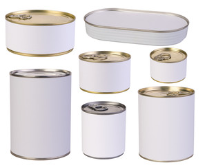 Tins with blank labels isolated on white