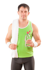 young sportsman with water and towel isolated